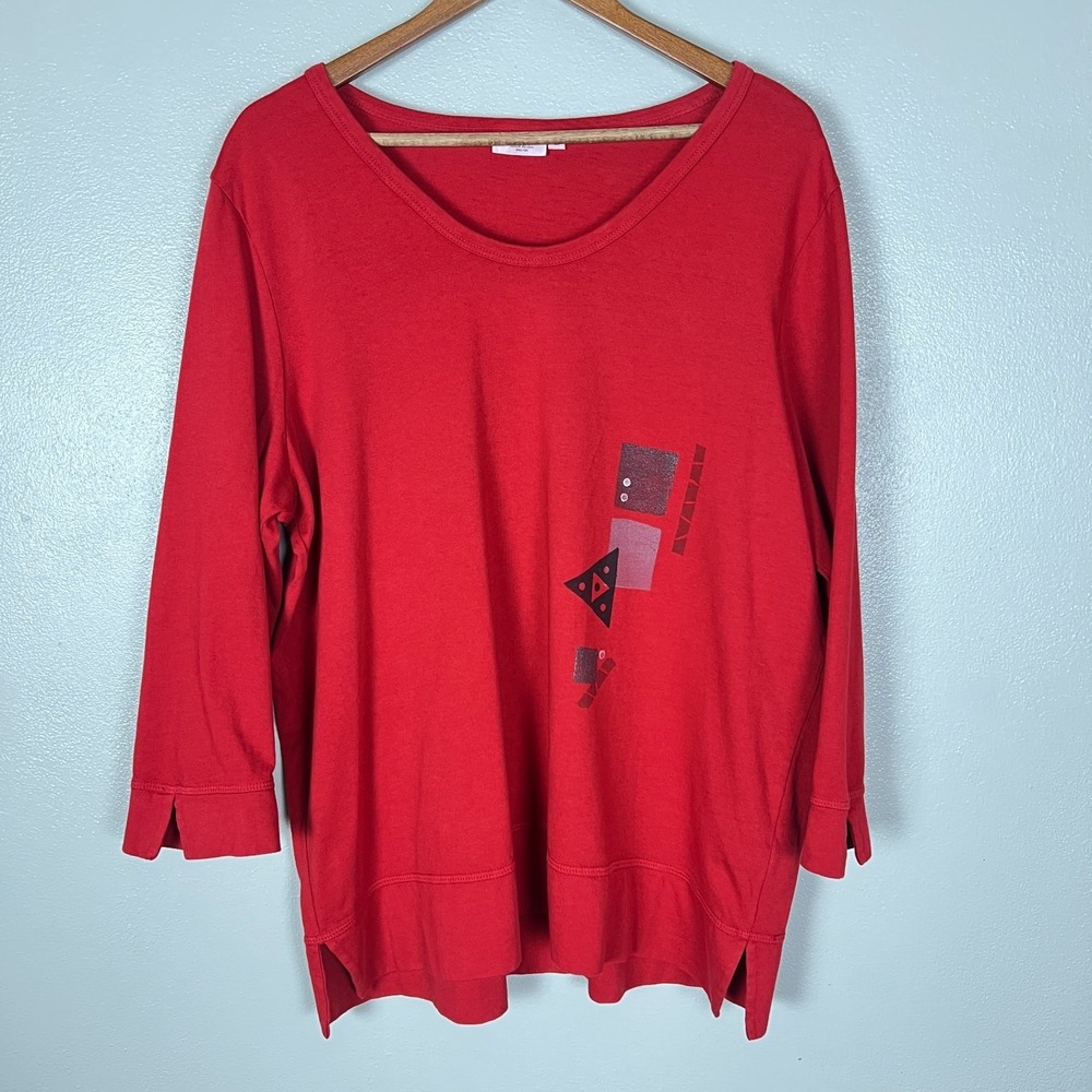 Prairie Cotton Tunic Top Women Large Red 3/4 Sleeve Artsy Solid Geometric Casual
